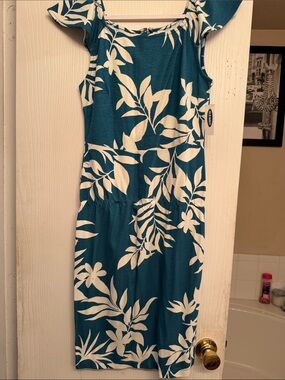 Old Navy Teal and White Floral Cold-Shoulder Dress